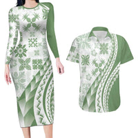 Green Hawaiian Quilt Pattern Couples Matching Long Sleeve Bodycon Dress and Hawaiian Shirt Mixed Polynesian Tribal Arty LT9 Green - Polynesian Pride