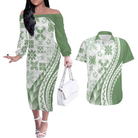 Green Hawaiian Quilt Pattern Couples Matching Off The Shoulder Long Sleeve Dress and Hawaiian Shirt Mixed Polynesian Tribal Arty LT9 Green - Polynesian Pride