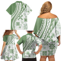 Green Hawaiian Quilt Pattern Family Matching Off Shoulder Short Dress and Hawaiian Shirt Mixed Polynesian Tribal Arty LT9 - Polynesian Pride