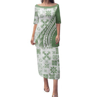 Green Hawaiian Quilt Pattern Family Matching Puletasi and Hawaiian Shirt Mixed Polynesian Tribal Arty LT9 Mom's Dress Green - Polynesian Pride