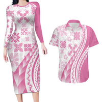 Pink Hawaiian Quilt Pattern Couples Matching Long Sleeve Bodycon Dress and Hawaiian Shirt Mixed Polynesian Tribal Arty LT9 Pink - Polynesian Pride