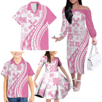 Pink Hawaiian Quilt Pattern Family Matching Off The Shoulder Long Sleeve Dress and Hawaiian Shirt Mixed Polynesian Tribal Arty LT9 - Polynesian Pride