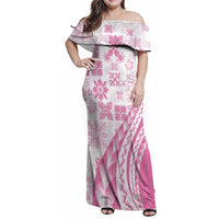 Pink Hawaiian Quilt Pattern Family Matching Off Shoulder Maxi Dress and Hawaiian Shirt Mixed Polynesian Tribal Arty LT9 Mom's Dress Pink - Polynesian Pride