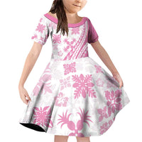 Pink Hawaiian Quilt Pattern Family Matching Off Shoulder Short Dress and Hawaiian Shirt Mixed Polynesian Tribal Arty LT9 Daughter's Dress Pink - Polynesian Pride