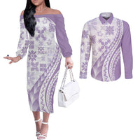 Purple Hawaiian Quilt Pattern Couples Matching Off The Shoulder Long Sleeve Dress and Long Sleeve Button Shirt Mixed Polynesian Tribal Arty LT9 Purple - Polynesian Pride
