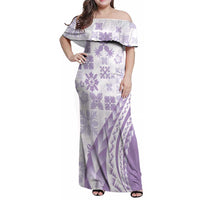 Purple Hawaiian Quilt Pattern Family Matching Off Shoulder Maxi Dress and Hawaiian Shirt Mixed Polynesian Tribal Arty LT9 Mom's Dress Purple - Polynesian Pride