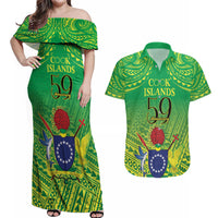 Cook Islands Constitution Day Couples Matching Off Shoulder Maxi Dress and Hawaiian Shirt Kuki Airani Since 1965 LT9 Green - Polynesian Pride