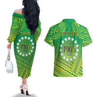 Cook Islands Constitution Day Couples Matching Off The Shoulder Long Sleeve Dress and Hawaiian Shirt Kuki Airani Since 1965 LT9 - Polynesian Pride