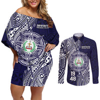 Personalised Tonga Sia'atoutai Theological College Couples Matching Off Shoulder Short Dress and Long Sleeve Button Shirt Since 1948 Special Kupesi Pattern LT9 Navy - Polynesian Pride