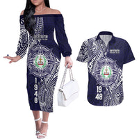 Personalised Tonga Sia'atoutai Theological College Couples Matching Off The Shoulder Long Sleeve Dress and Hawaiian Shirt Since 1948 Special Kupesi Pattern LT9 Navy - Polynesian Pride