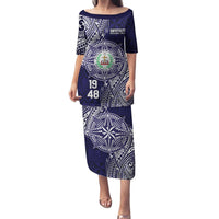 Personalised Tonga Sia'atoutai Theological College Family Matching Puletasi and Hawaiian Shirt Since 1948 Special Kupesi Pattern LT9 Mom's Dress Navy - Polynesian Pride