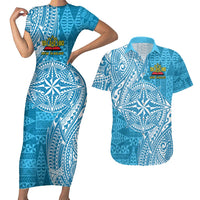 Personalised Tonga Lavengamalie College Couples Matching Short Sleeve Bodycon Dress and Hawaiian Shirt Since 1980 Special Kupesi Pattern LT9 Blue - Polynesian Pride