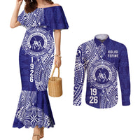 Personalised Tonga Queen Salote College Couples Matching Mermaid Dress and Long Sleeve Button Shirt Kolisi Fefine 1926 Special Kupesi Pattern LT9 Blue - Polynesian Pride