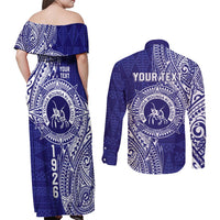 Personalised Tonga Queen Salote College Couples Matching Off Shoulder Maxi Dress and Long Sleeve Button Shirt Kolisi Fefine 1926 Special Kupesi Pattern LT9 - Polynesian Pride