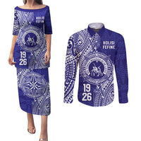 Personalised Tonga Queen Salote College Couples Matching Puletasi and Long Sleeve Button Shirt Kolisi Fefine 1926 Special Kupesi Pattern LT9 Blue - Polynesian Pride
