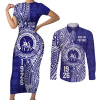Personalised Tonga Queen Salote College Couples Matching Short Sleeve Bodycon Dress and Long Sleeve Button Shirt Kolisi Fefine 1926 Special Kupesi Pattern LT9 Blue - Polynesian Pride
