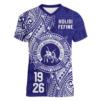 Personalised Tonga Queen Salote College Women V-Neck T-Shirt Kolisi Fefine 1926 Special Kupesi Pattern LT9 Female Blue - Polynesian Pride