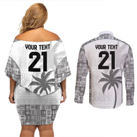 Custom Fiji Rugby Couples Matching Off Shoulder Short Dress and Long Sleeve Button Shirt History Champions World Cup 7s - White LT9 - Polynesian Pride
