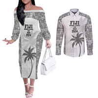 Custom Fiji Rugby Couples Matching Off The Shoulder Long Sleeve Dress and Long Sleeve Button Shirt History Champions World Cup 7s - White LT9 White - Polynesian Pride