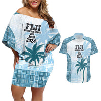 Custom Fiji Rugby Couples Matching Off Shoulder Short Dress and Hawaiian Shirt History Champions World Cup 7s - Bllue LT9 Blue - Polynesian Pride