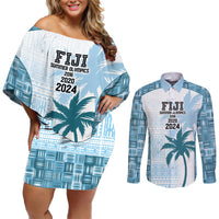 Custom Fiji Rugby Couples Matching Off Shoulder Short Dress and Long Sleeve Button Shirt History Champions World Cup 7s - Bllue LT9 Blue - Polynesian Pride