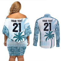 Custom Fiji Rugby Couples Matching Off Shoulder Short Dress and Long Sleeve Button Shirt History Champions World Cup 7s - Bllue LT9 - Polynesian Pride