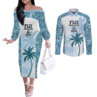 Custom Fiji Rugby Couples Matching Off The Shoulder Long Sleeve Dress and Long Sleeve Button Shirt History Champions World Cup 7s - Bllue LT9 Blue - Polynesian Pride