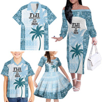 Custom Fiji Rugby Family Matching Off The Shoulder Long Sleeve Dress and Hawaiian Shirt History Champions World Cup 7s - Bllue LT9 - Polynesian Pride