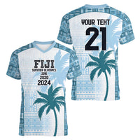 Custom Fiji Rugby Women V-Neck T-Shirt History Champions World Cup 7s - Bllue LT9 - Polynesian Pride