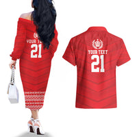 Custom Mate Ma'a Tonga Heritage Couples Matching Off The Shoulder Long Sleeve Dress and Hawaiian Shirt Pacific Tribal Rugby Red Edition LT9 - Polynesian Pride