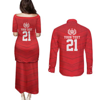 Custom Mate Ma'a Tonga Heritage Couples Matching Puletasi and Long Sleeve Button Shirt Pacific Tribal Rugby Red Edition - Polynesian Pride