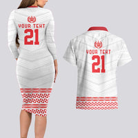 Custom Mate Ma'a Tonga Heritage Couples Matching Long Sleeve Bodycon Dress and Hawaiian Shirt Pacific Tribal Rugby White Edition - Polynesian Pride