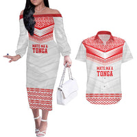 Custom Mate Ma'a Tonga Heritage Couples Matching Off The Shoulder Long Sleeve Dress and Hawaiian Shirt Pacific Tribal Rugby White Edition LT9 White - Polynesian Pride