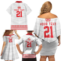 Custom Mate Ma'a Tonga Heritage Family Matching Off Shoulder Short Dress and Hawaiian Shirt Pacific Tribal Rugby White Edition LT9 - Polynesian Pride