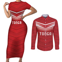 Custom Pacific Rugby Spirit Couples Matching Short Sleeve Bodycon Dress and Long Sleeve Button Shirt Tonga Ngatu Pride Red Edition - Polynesian Pride