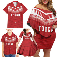 Custom Pacific Rugby Spirit Family Matching Off Shoulder Short Dress and Hawaiian Shirt Tonga Ngatu Pride Red Edition LT9 - Polynesian Pride