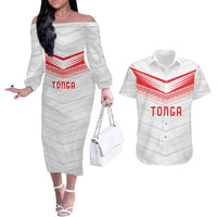 Custom Pacific Rugby Spirit Couples Matching Off The Shoulder Long Sleeve Dress and Hawaiian Shirt Tonga Ngatu Pride White Edition LT9 White - Polynesian Pride