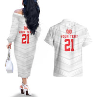 Custom Pacific Rugby Spirit Couples Matching Off The Shoulder Long Sleeve Dress and Hawaiian Shirt Tonga Ngatu Pride White Edition LT9 - Polynesian Pride