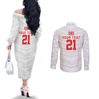 Custom Pacific Rugby Spirit Couples Matching Off The Shoulder Long Sleeve Dress and Long Sleeve Button Shirt Tonga Ngatu Pride White Edition - Polynesian Pride