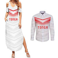 Custom Pacific Rugby Spirit Couples Matching Summer Maxi Dress and Long Sleeve Button Shirt Tonga Ngatu Pride White Edition - Polynesian Pride