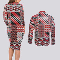 Aotearoa Kowhaiwhai Taniko Patchwork Motifs Couples Matching Long Sleeve Bodycon Dress and Long Sleeve Button Shirt