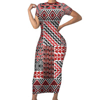 Aotearoa Kowhaiwhai Taniko Patchwork Motifs Family Matching Short Sleeve Bodycon Dress and Hawaiian Shirt LT9 Mom's Dress Red - Polynesian Pride