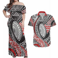 Aotearoa Maori Rugby Tribal Tattoo Couples Matching Off Shoulder Maxi Dress and Hawaiian Shirt Kowhaiwhai Taniko Patchwork Motifs LT9 Red - Polynesian Pride