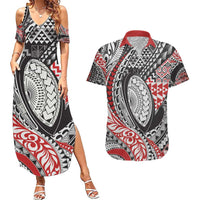 Aotearoa Maori Rugby Tribal Tattoo Couples Matching Summer Maxi Dress and Hawaiian Shirt Kowhaiwhai Taniko Patchwork Motifs LT9 Red - Polynesian Pride