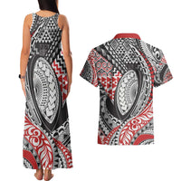 Aotearoa Maori Rugby Tribal Tattoo Couples Matching Tank Maxi Dress and Hawaiian Shirt Kowhaiwhai Taniko Patchwork Motifs LT9 - Polynesian Pride