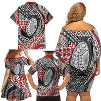 Aotearoa Maori Rugby Tribal Tattoo Family Matching Off Shoulder Short Dress and Hawaiian Shirt Kowhaiwhai Taniko Patchwork Motifs LT9 - Polynesian Pride