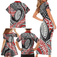 Aotearoa Maori Rugby Tribal Tattoo Family Matching Short Sleeve Bodycon Dress and Hawaiian Shirt Kowhaiwhai Taniko Patchwork Motifs LT9 - Polynesian Pride