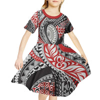 Aotearoa Maori Rugby Tribal Tattoo Kid Short Sleeve Dress Kowhaiwhai Taniko Patchwork Motifs LT9 - Polynesian Pride