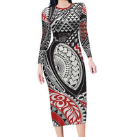 Aotearoa Maori Rugby Tribal Tattoo Long Sleeve Bodycon Dress Kowhaiwhai Taniko Patchwork Motifs LT9 Long Dress Red - Polynesian Pride