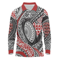 Aotearoa Maori Rugby Tribal Tattoo Long Sleeve Polo Shirt Kowhaiwhai Taniko Patchwork Motifs LT9 Red - Polynesian Pride